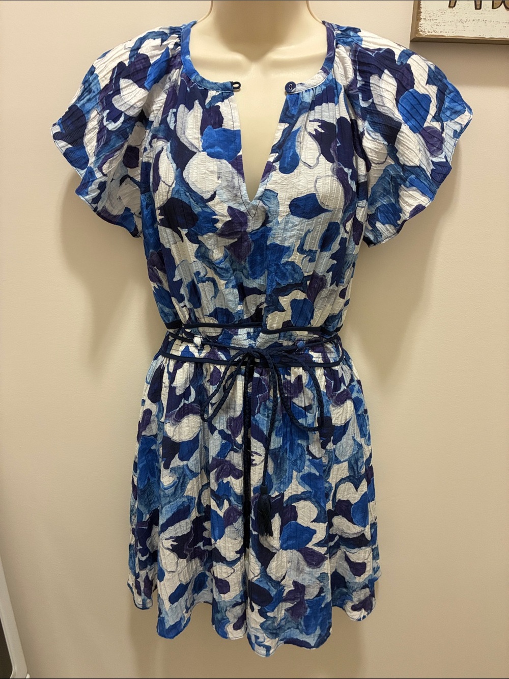 Adelyn Rae Blue & White Floral Tie-Waist Mini Dress